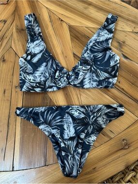 Mikoh Navy and White Leaf-Print Bikini Set